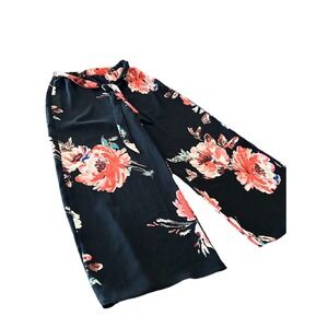 Vtg Minette Women's Black Floral Wide Leg Pants Multicolor Sz M Made In USA